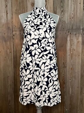 J.Crew Re-imagined Tie Neck Tropical Floral Shift Dress Navy White Cotton Pocket